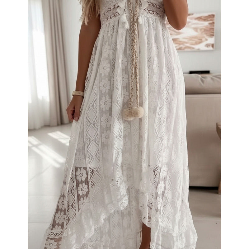 Vestido Verano Playa Falda Irregular Encaje Calado Uniteduy