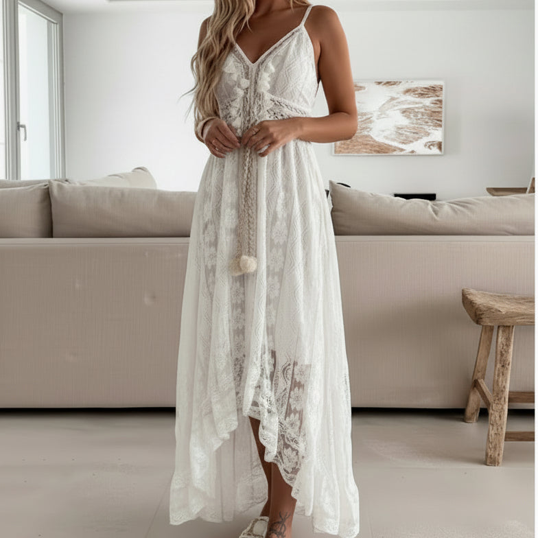 Vestido Verano Playa Falda Irregular Encaje Calado Uniteduy