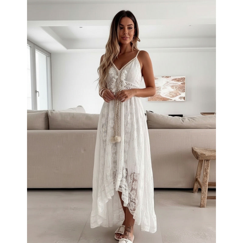 Vestido Verano Playa Falda Irregular Encaje Calado Uniteduy