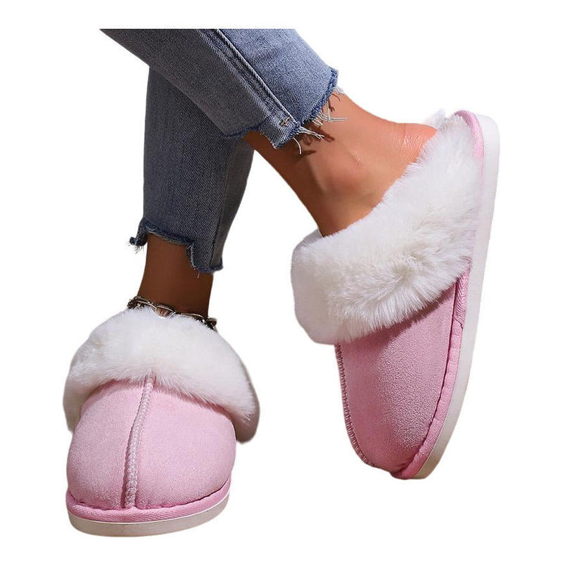Pantufla Gamuza Peluda Suela De Goma Con Punta Cerrada