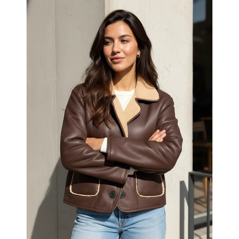 Campera Gamulán Corderito Cuello Solapa Marrón Para Mujer
