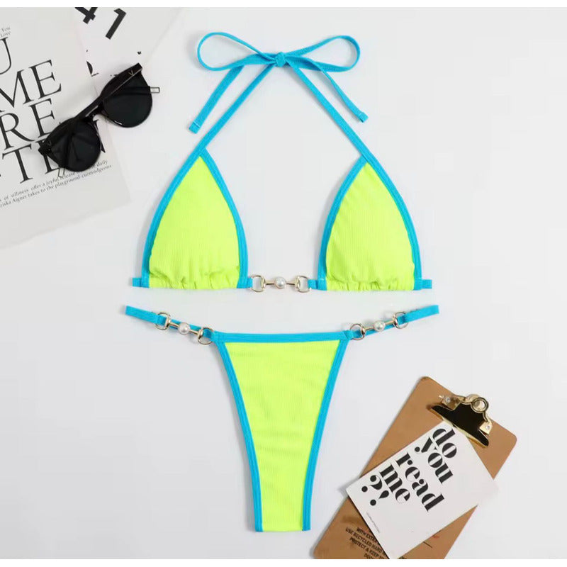 Bikini Triangulo Cadena Con Perla Colaless Varios Colores
