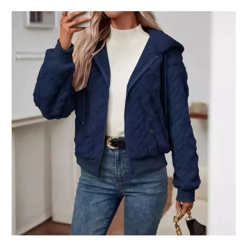 Campera Corta Trenzada Puños Capucha Polar Peluda Uniteduy