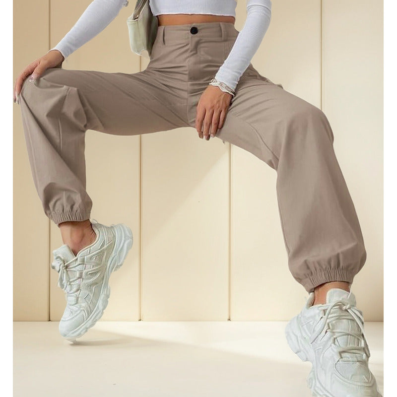 Pantalón Cargo Dama Con Bolsillos Y Puños Negro Y Beige