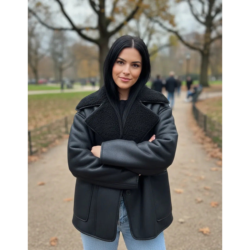 Campera Gamulán Cuello Solapa  Mujer Con Corderito Negro