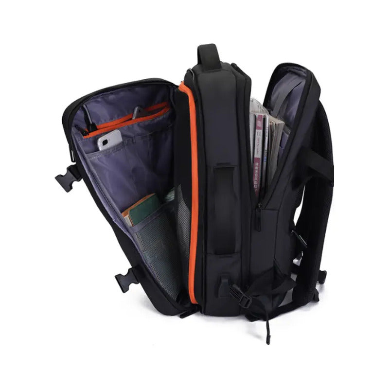 Mochila Viaje Expandible Antirrobo Negra Con Usb Impermeable