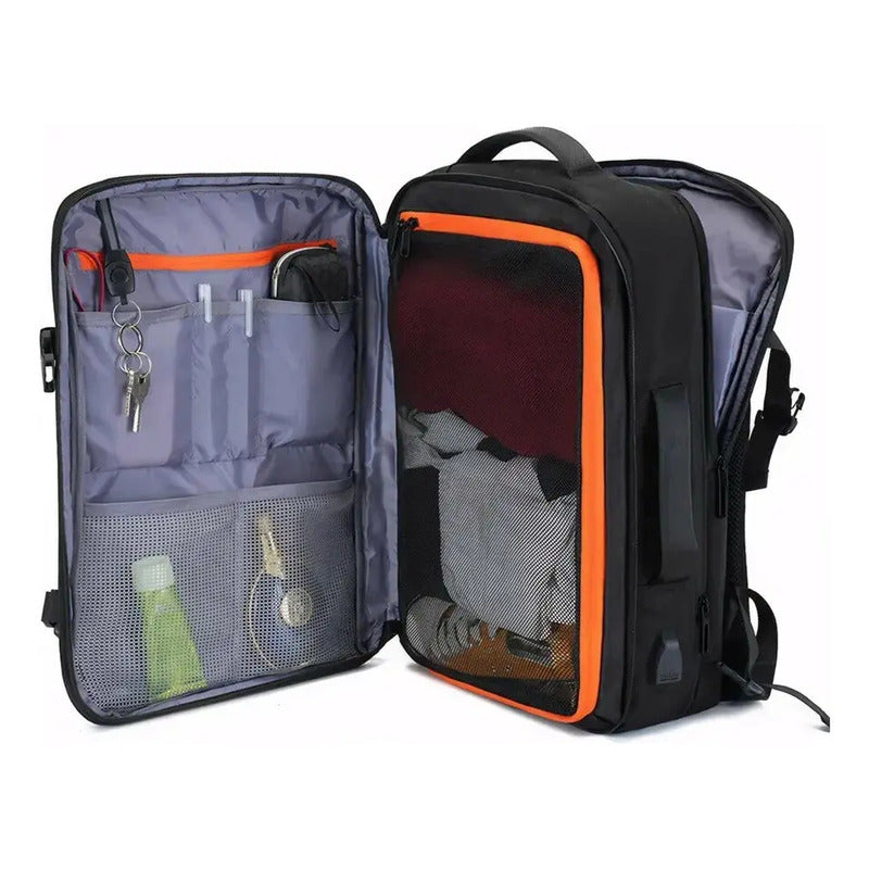 Mochila Viaje Expandible Antirrobo Negra Con Usb Impermeable