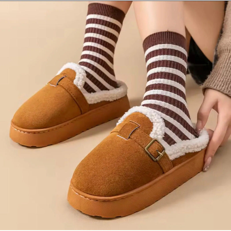Pantuflas Mujer Con Corderito Altas Sin Talón Y Hebilla