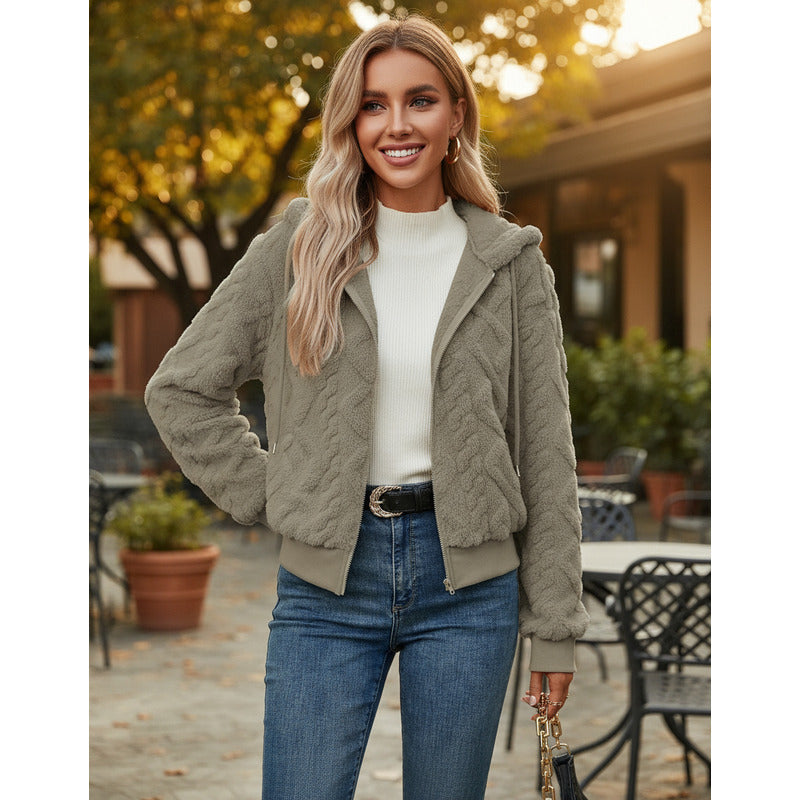 Campera Corta Trenzada Puños Capucha Polar Peluda Uniteduy