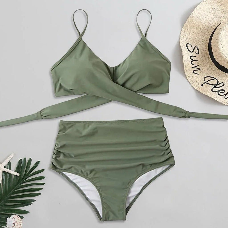 Bikini Tiro Alto Liso Push Up Cruzado Uniteduy