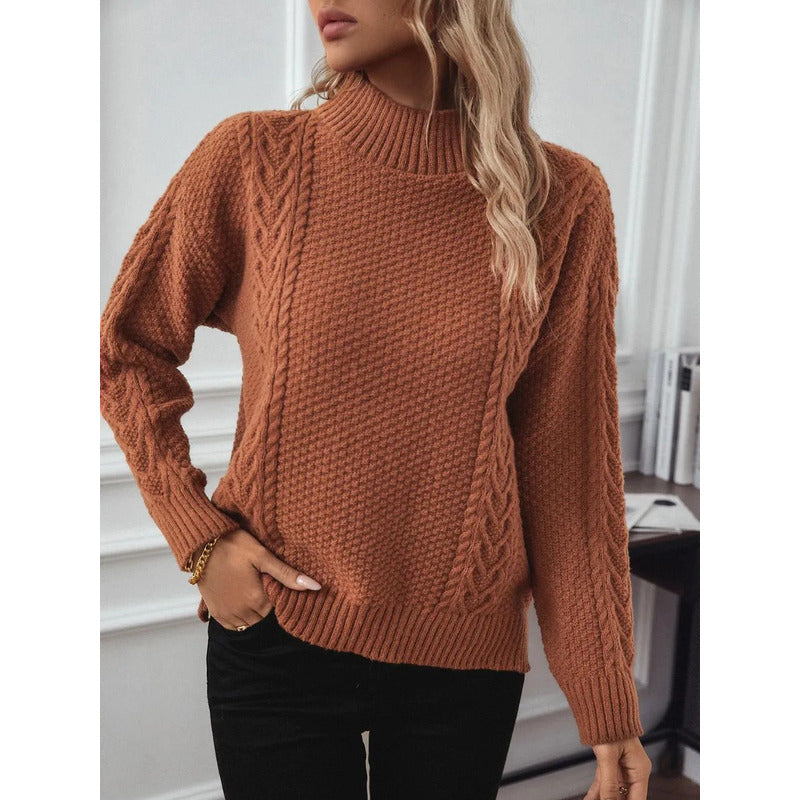 Sweater Buzo De Dama Tejido Trenzado Con Cuello Alto Y Tajo