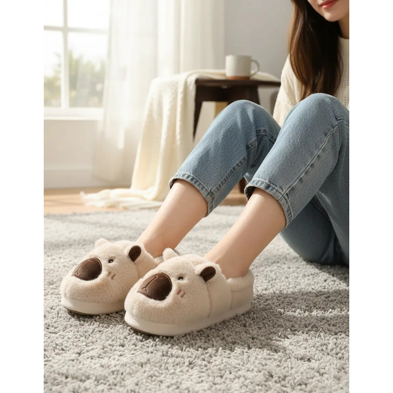 Pantuflas De Peluche Diseño Capibara Antideslizante Cerradas