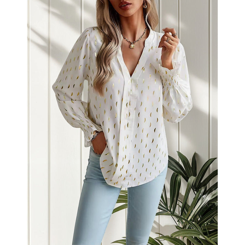 Camisa Blusa Manga Larga Cuello V Manga Volados Con Dorado