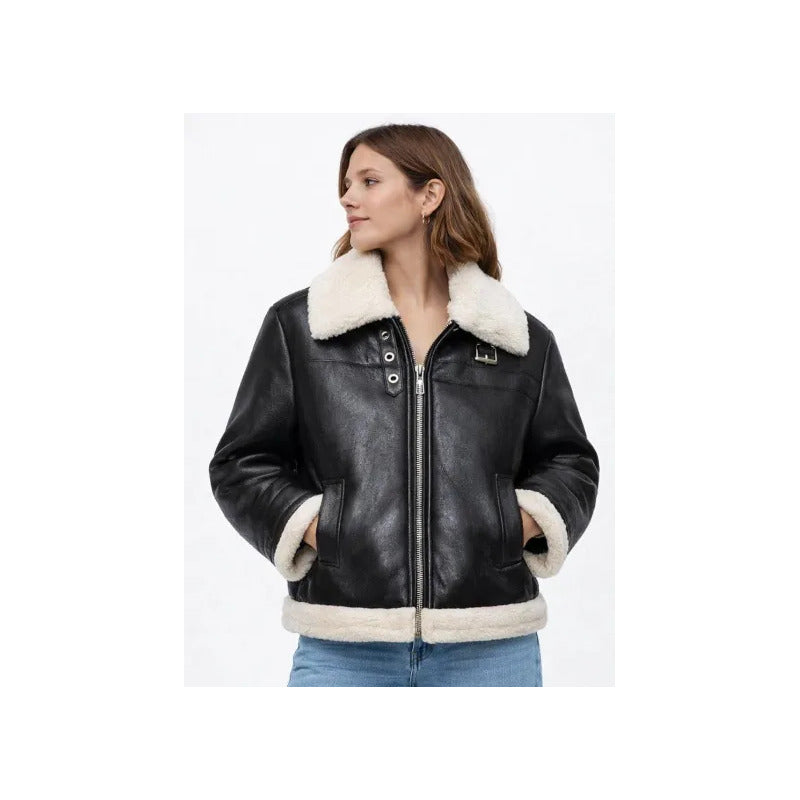 Campera Dama Tipo Aviadora Forrada Con Corderito Negra