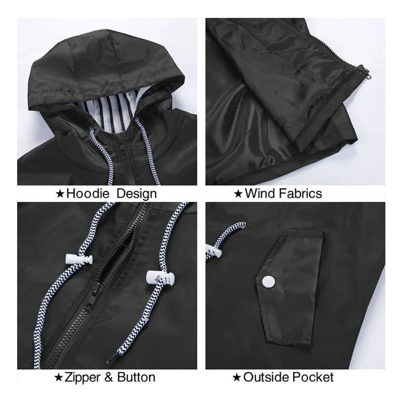 Campera Corta Viento Con Capucha Larga Bolsillos Cola Pez