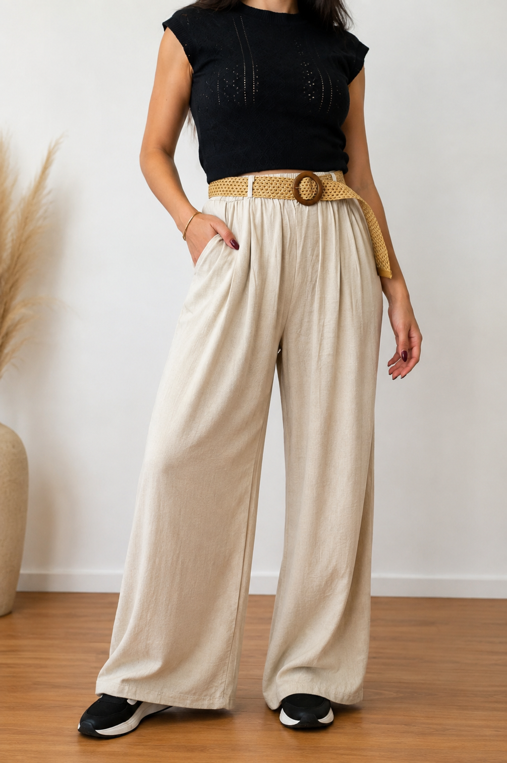 Pantalón Palazzo Elastico Tipo Lino Con Cinto Dama Uniteduy